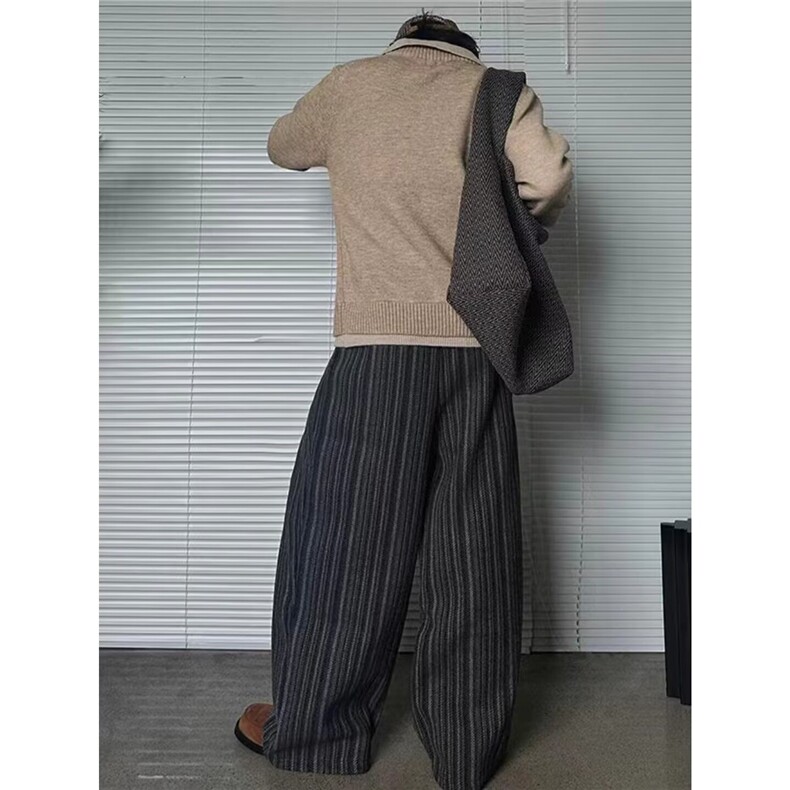 原宿ins潮流条纹呢料皱褶解构设计休闲裤百搭简约新款气质慵懒,男装休闲裤,星座506A