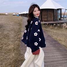 设计感藏青色印花毛呢外套女秋冬超火好看高级小众加厚短夹克上衣，女装短外套，2D145