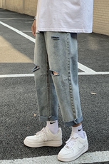 主推夏季破洞牛仔裤宽松直筒港风九分裤男1008-kz11，男装牛仔裤，星座1008