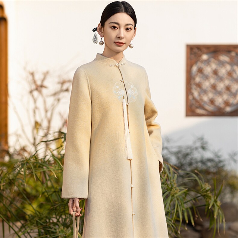 新中式国风双面羊毛大衣女2024春秋新款高端刺绣禅意汉服毛呢外套,女装毛呢外套,芷墨服饰