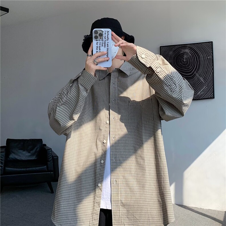 复古v无性别格子衬衫男长袖格纹衬衣春秋宽松情侣外套C214/P48,男装衬衫,星座506