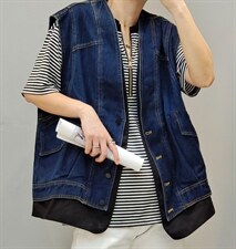 【现货]】秋季新款韩版休闲风牛仔拼接马甲外套，女装马甲，那简