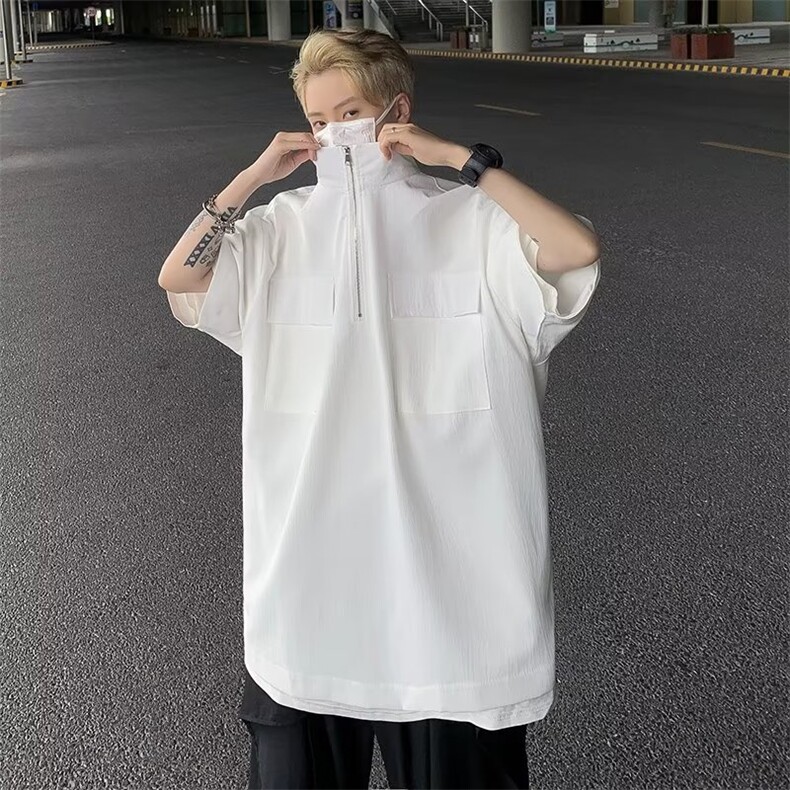 夏季半拉链衬衫男生垂坠感小众短袖T恤衬衣可高领衣服 TE034图片