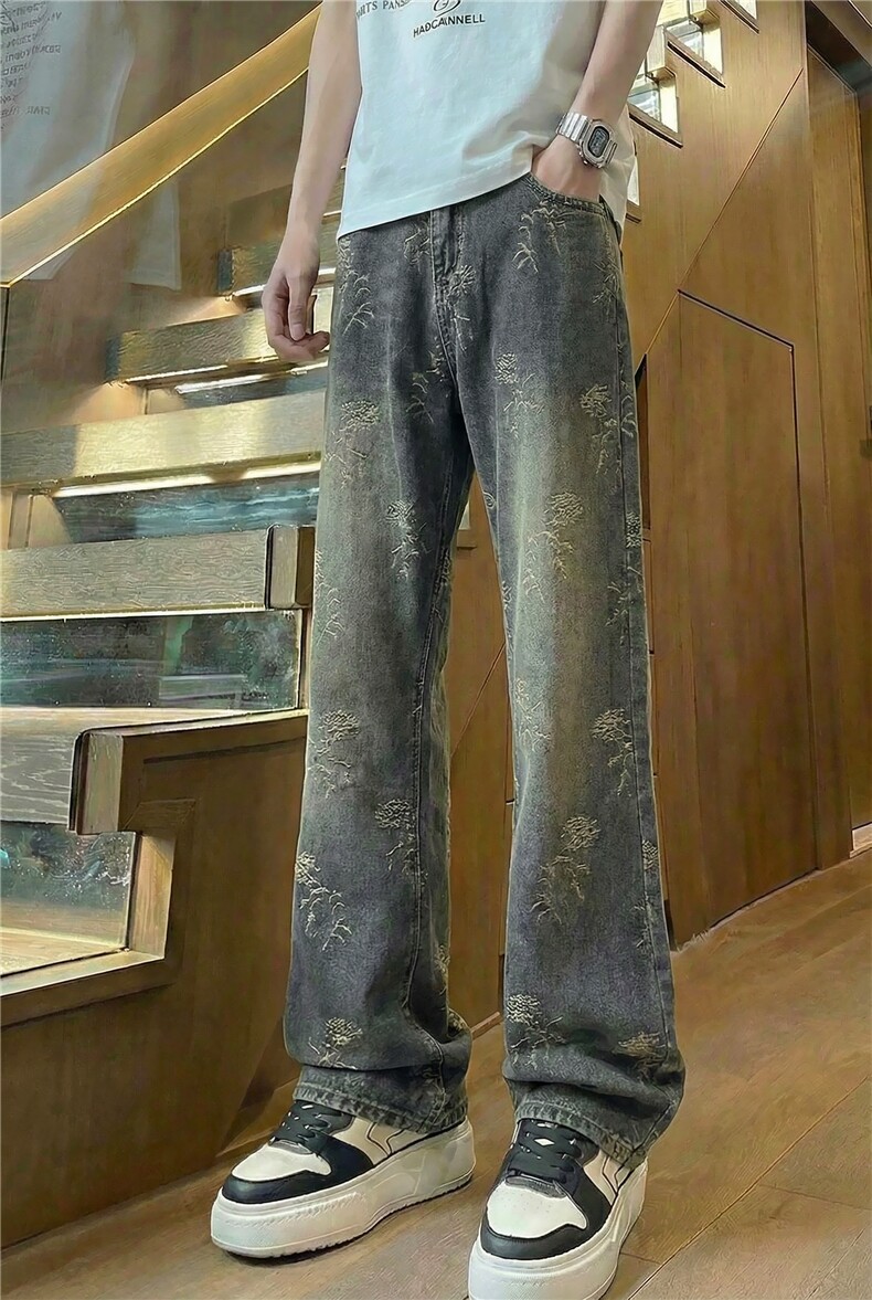 潮牌印花微喇牛仔裤男新款牛仔裤男士复古男生修身显腿长微喇,男装牛仔裤,星座302A-2