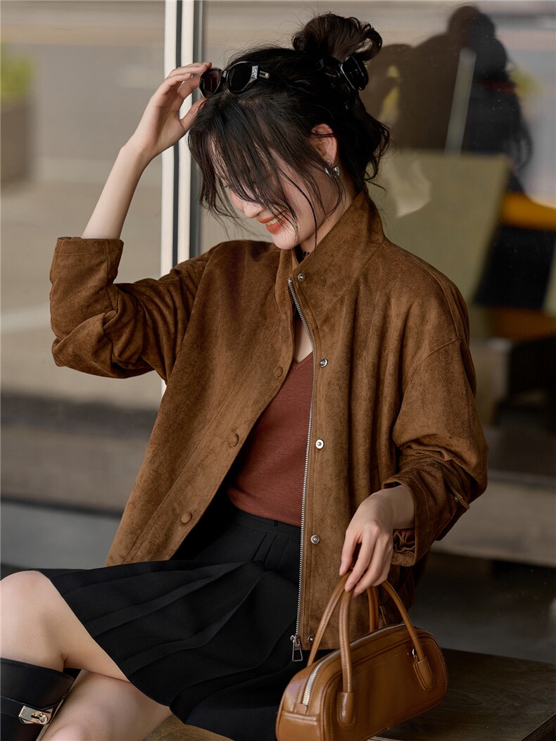 2658暮色巴黎美式复古仿麂皮绒宽松短款外套女送女友外套女,女装皮衣,潮流依族