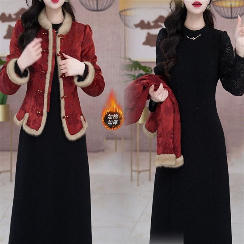 夹棉加厚两件套连衣裙女新款高级感妈妈洋气套装裙子，女装棉衣/棉服，韩蔻秀