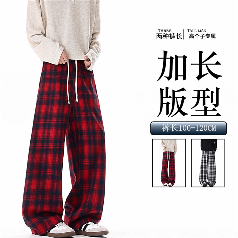 190加长裤子男高个子格子裤复古宽松慵懒风直筒阔腿休闲长裤KZ100图片