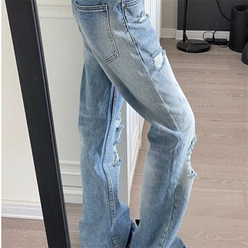 美式高街做旧破洞牛仔裤女春季薄款设计感不规则高腰显瘦阔腿长裤,男装牛仔裤,星座218-1（原230）