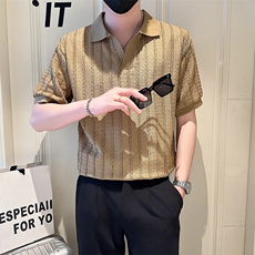 店主风社会小伙男士镂空纯色V领POLO衫男T恤301A-1/PL101/P48，男装T恤，星座301A-1