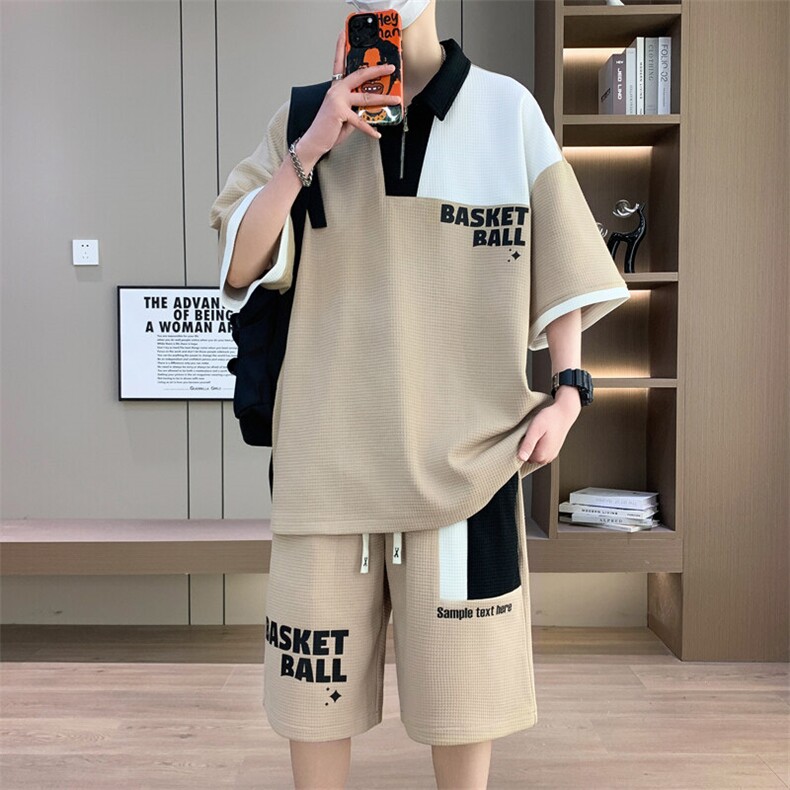 套装男休闲宽松菠萝格冰丝青年翻领短袖T恤短裤两件套-JZ505-P53,男装牛仔裤,星座310B
