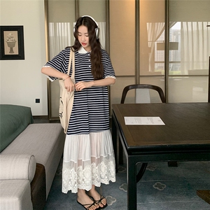条纹学院风长裙夏季拼接连衣裙百褶外穿中式老钱风显瘦高腰时尚图片