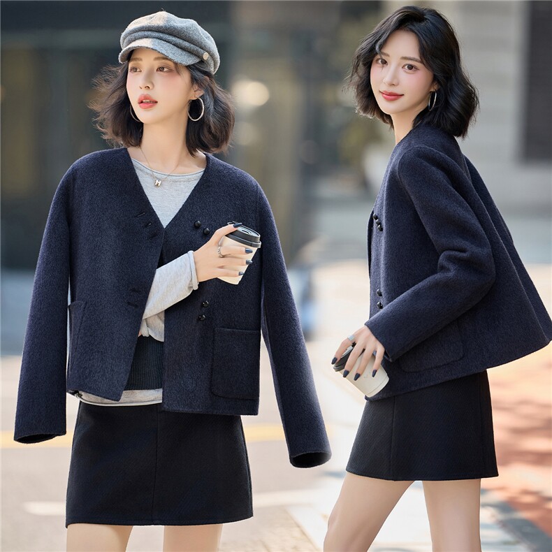 绵羊毛2025秋冬季新款时尚气质V领双面呢绵羊毛外套女，女装双面呢大衣，沁沁公主