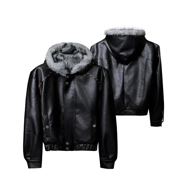 现货冬季美式潮牌痞帅PU皮机车服棉衣毛毛绒狼王座山雕皮棉服,男装棉衣,电商A486