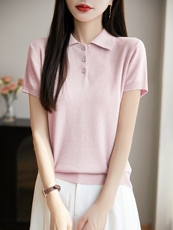 25夏季POLO领精纺羊毛针织短袖女纯色半开T恤上衣宽松半袖打底衫，女装T恤，暖烁特种纱工厂店