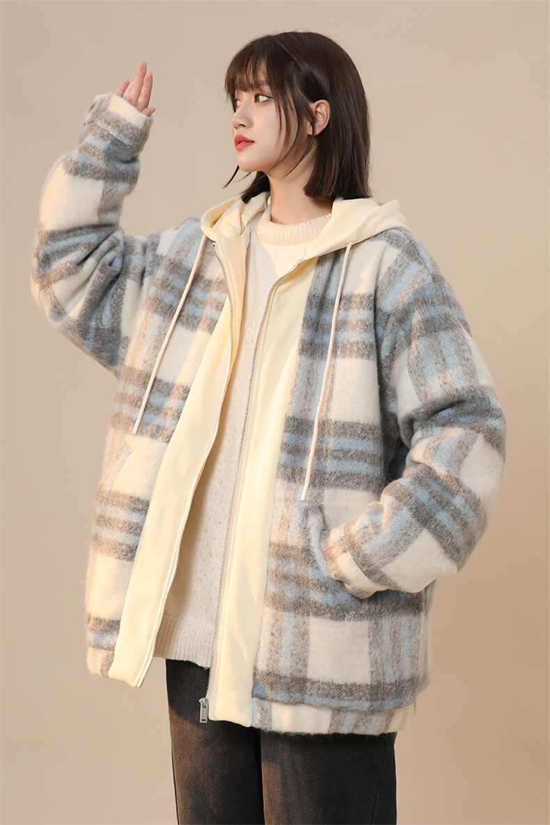 冬季新款毛呢棉衣加绒加厚保暖格子外套中性风225-2-20909-P135,男装棉衣,星座225-2