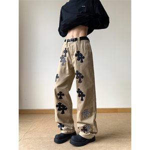 美式高街十字贴皮男女同款宽松百搭水洗牛仔裤图片