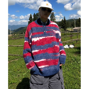 条纹仿貂毛polo领针织毛衣女秋冬设计感宽松慵懒上衣 MY457图片