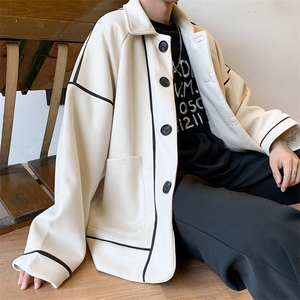 2021秋冬新款制服男女撞色麂皮绒宽松休闲风衣学院外套MJ235图片