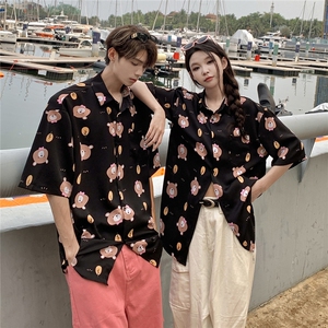 EQ409 可爱卡通小熊夏季沙滩旅游情侣装夏季衬衫男女慵懒风短袖图片