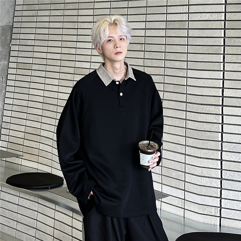 美式假两件撞色格子拼接长袖T恤男女翻领宽松套头上衣W101-P48,男装T恤,电商C307