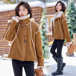 粉色皮毛一体羊羔毛外套女2024冬季新款加厚保暖鹿皮绒机车服棉服图片