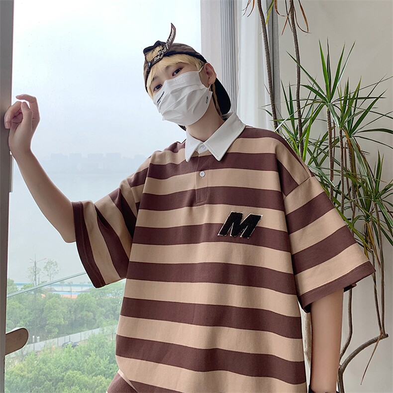 条纹POLO衫男士短袖t恤夏季宽松百搭时尚情侣翻领半袖T0960-P30,男装T恤,星座308B-1