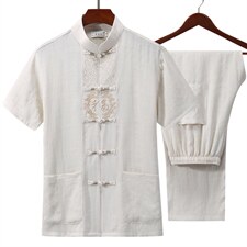 高档唐装太极服中式刺绣立领短袖棉麻风时尚男套装YD1802-P70，男装民族服装，星座1105-3