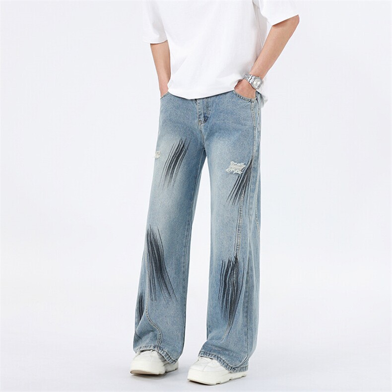 美式破洞弯刀牛仔裤2025新款裂痕微喇裤线条宽松阔腿裤N0358-P50，男装牛仔裤，星座308B-1