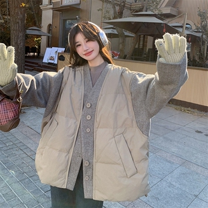现货：冬装新款时尚设计款毛呢拼色羽绒服2C135-5011P275K418图片