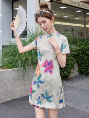 改良旗袍连衣裙女夏高级感复古印花新中式国风短裤套装气质两件套，女装套装/套裙，众宇琦