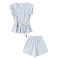 现货2025年新修身时尚荷叶花苞袖短袖女神两件套装，女装套装/套裙，木子恋