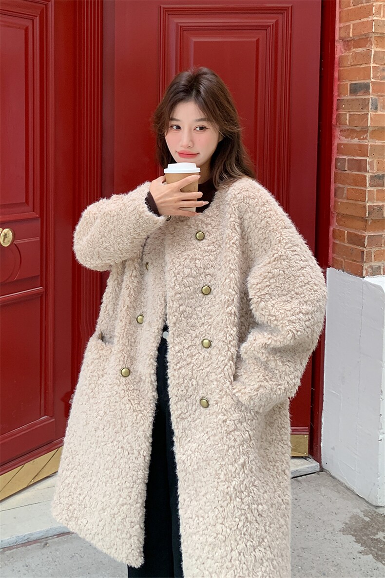 韩版气质波斯羊羔毛外套女2025冬季新款显瘦保暖长款皮毛一体大衣,女装毛呢外套,纯色衣恋