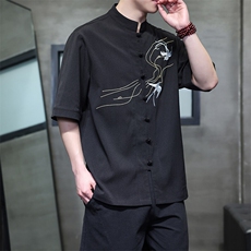 新款新中式士现货立领风衬衫燕子刺绣短袖上衣T2520-P65控89，男装T恤，电商A021