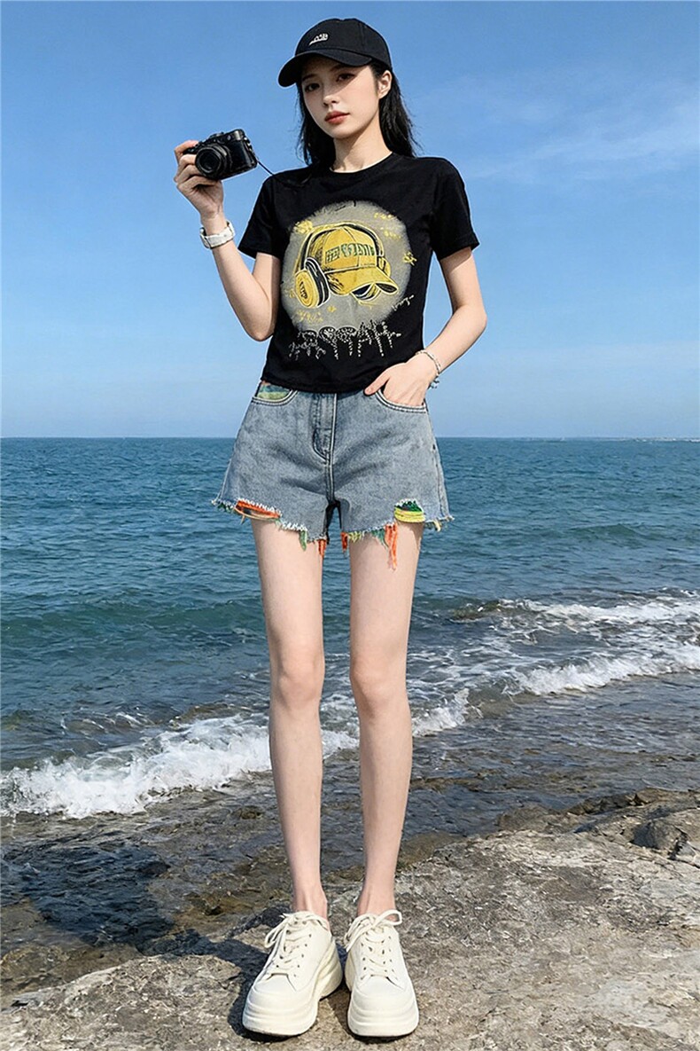 女夏季新款韩版运动休闲套装卡通印花圆领短袖宽松牛仔短裤两件套,女装套装/套裙,江南