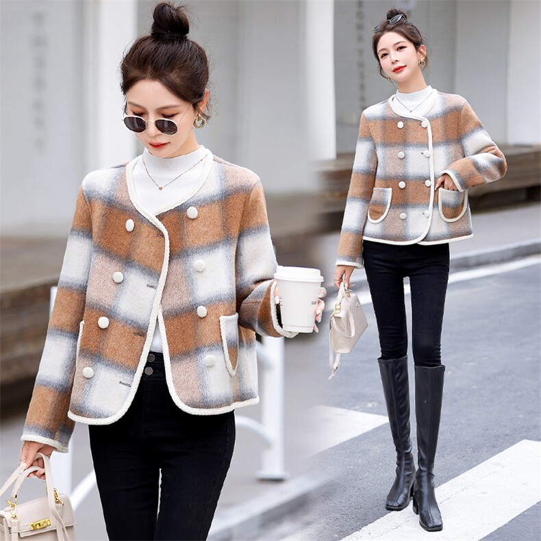 2023冬季新款时尚百搭气质短款双面呢外套小香风格子羊毛大衣，女装双面呢大衣，半夏