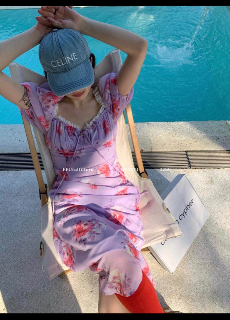 法式花色连衣裙均码现货，女装连衣裙，G