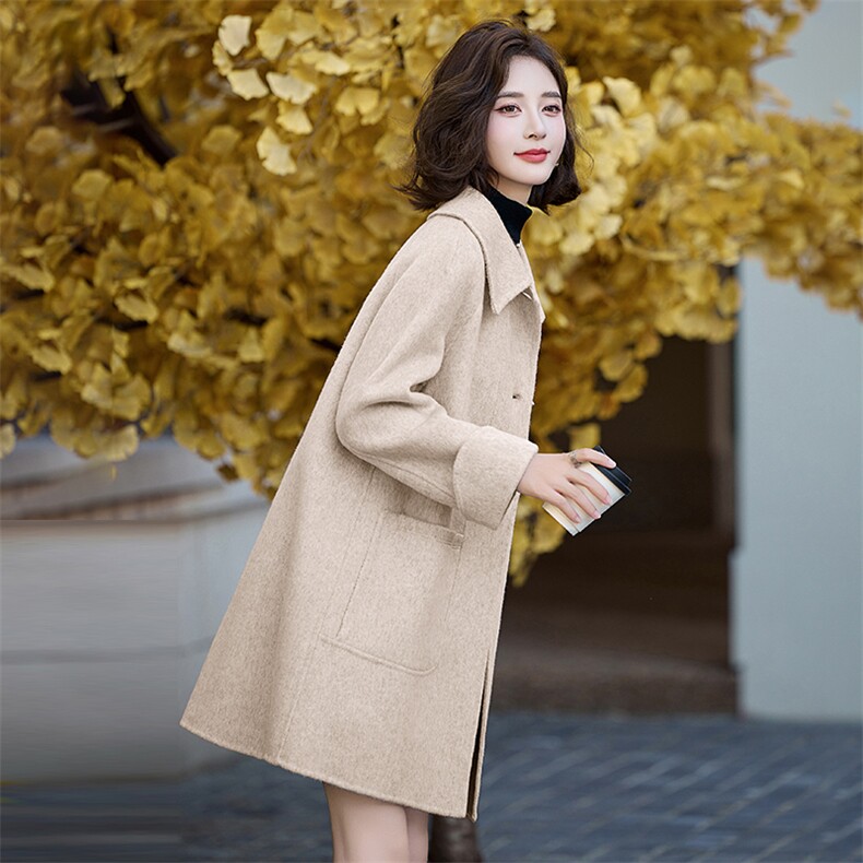 双面羊毛大衣女中长款2025冬季新款小个子高级感时尚连帽毛呢外套,女装双面呢大衣,琦鑫阁（原依鑫阁）