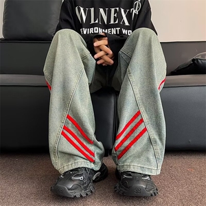 美式高街条纹拼接做旧牛仔裤男新款宽松阔腿牛仔裤图片