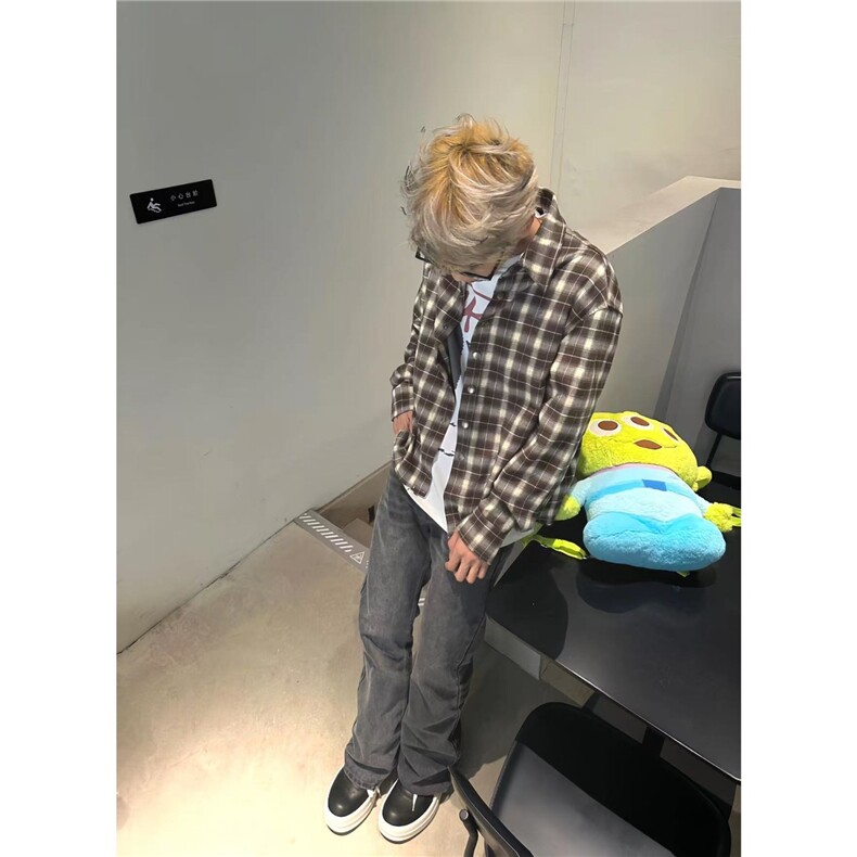 春秋新款下摆流苏破坏衬衣男女经典基础翻领复古格子衬衫外套上衣,男装衬衫,星座516A