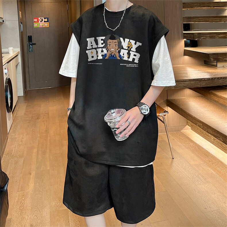 直播美式麂皮绒宽松背心无袖t恤短裤大码两件套套装TZ65-P58,男装T恤,电商A486