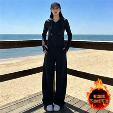休闲运动套装女秋冬新款纯色拉链开衫卫衣抽绳阔腿长裤显瘦两件套，女装套装/套裙，江南