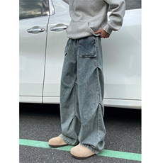 美式复古蓝宽松直筒牛仔裤男褶皱设计5XZ502-K775-P55控79，男装牛仔裤，星座502