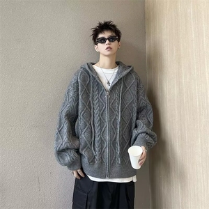 秋冬加厚慵懒风休闲情侣针织衫男女外套连帽开衫毛衣 M5710图片