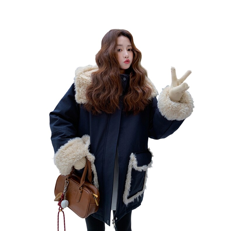 韩版黑色羊羔毛派克服女2025冬季新款时尚毛领加厚保暖外套高级感,女装棉衣/棉服,2D043