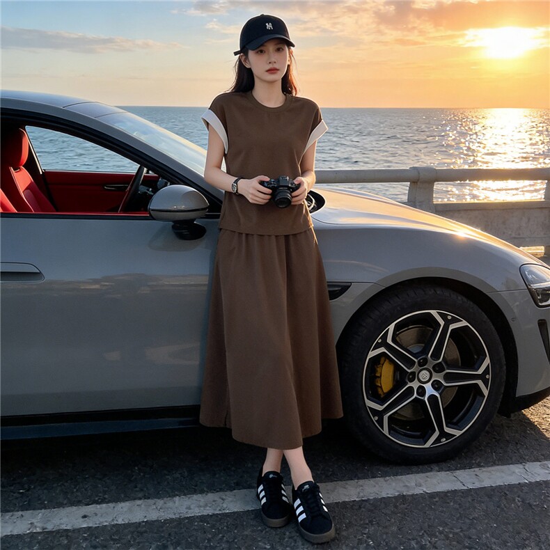 设计感时尚气质套装裙女夏新款圆领撞色拼接上衣开叉半身裙两件套,女装套装/套裙,江南