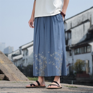 现货 风大码棉麻休闲裤竹叶印花垂感透气八分裤A021-K211-P60图片