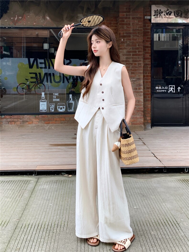 老钱风亚麻西装马甲阔腿两件套女2026新款夏季薄款透气高级感套装,女装套装/套裙,艾米莉亚