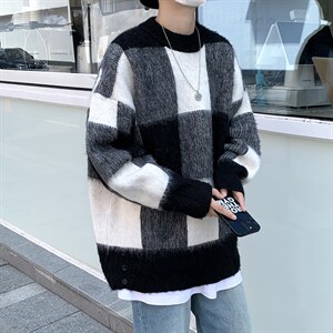 2023秋季百搭休闲拼色格子针织衫韩版宽松圆领套头毛衣 M687-P55图片