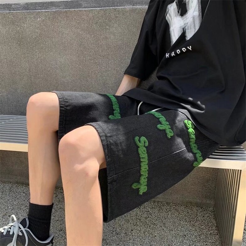 字母植绒刺绣牛仔裤男夏季美式hiphop阔腿裤NK509P40,男装牛仔裤,星座1116-2