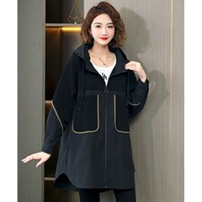 中长款夹克上衣2023新款大码连帽拼接口袋长袖外套时尚春，女装风衣，丽影随形